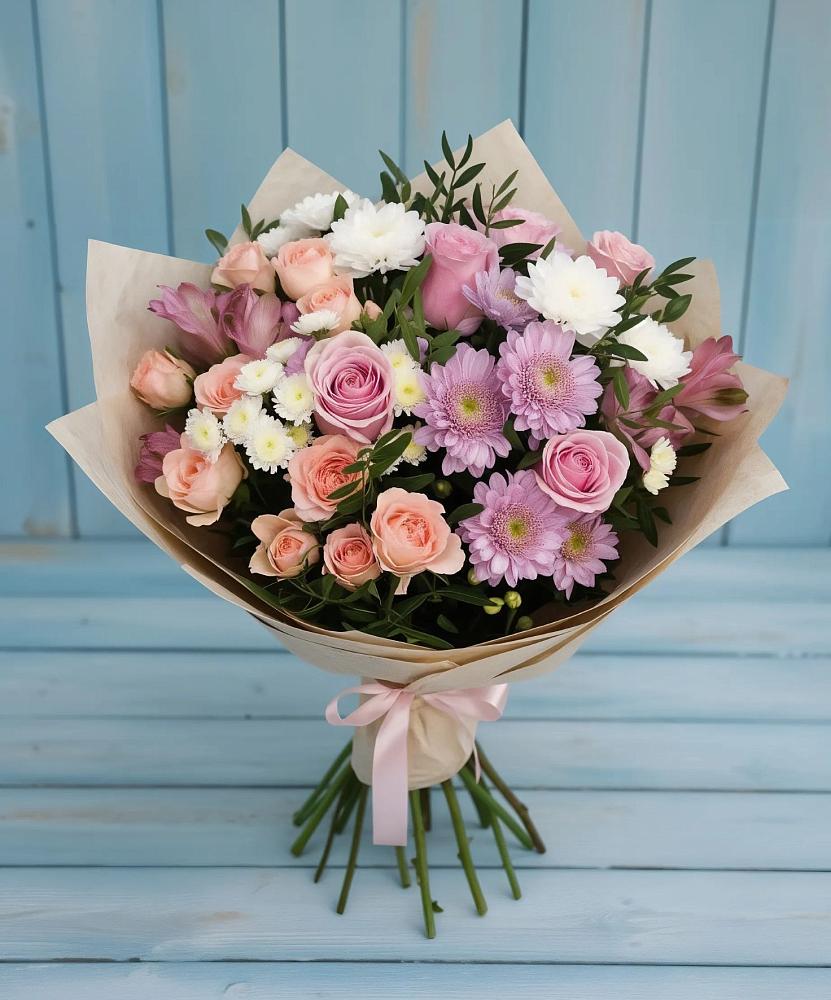 Букет цветов из: Хризантемы, Розы и Альстромерии в Булатниково