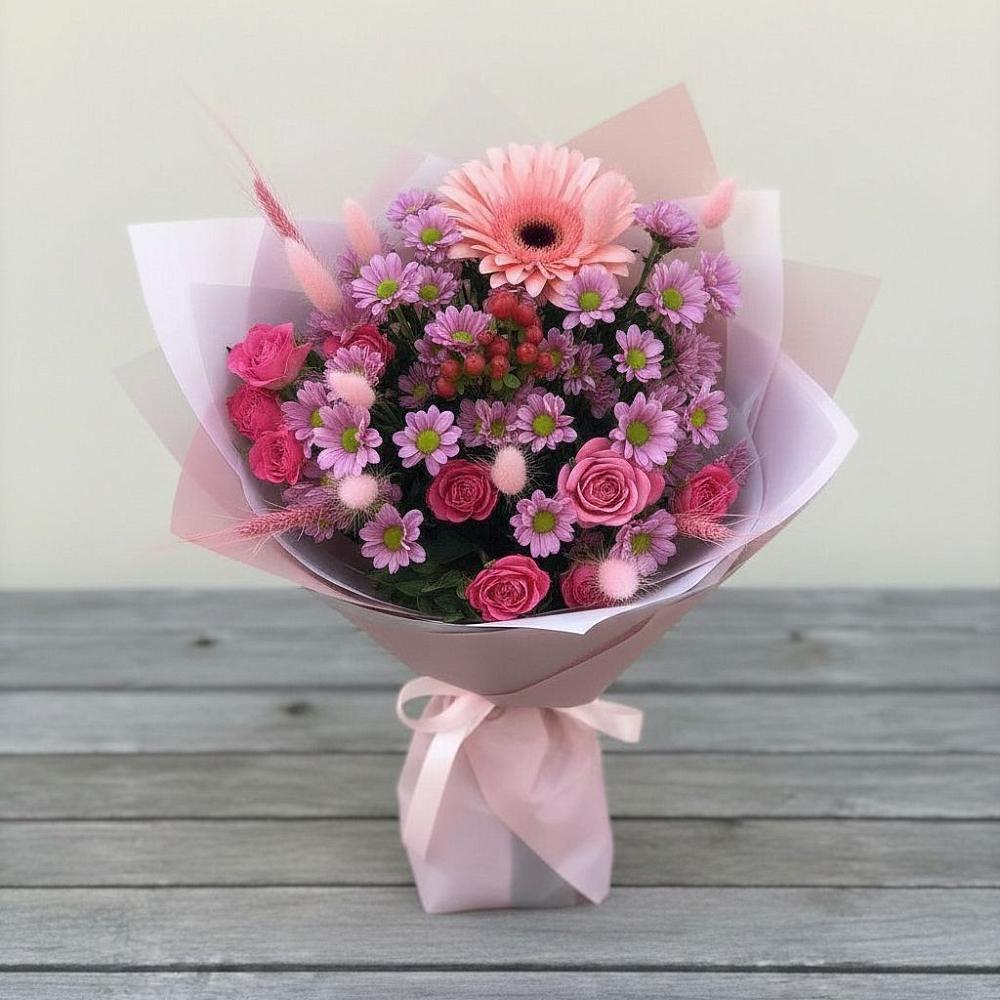 Букет цветов из: Розы, Герберы и Хризантемы в Булатниково