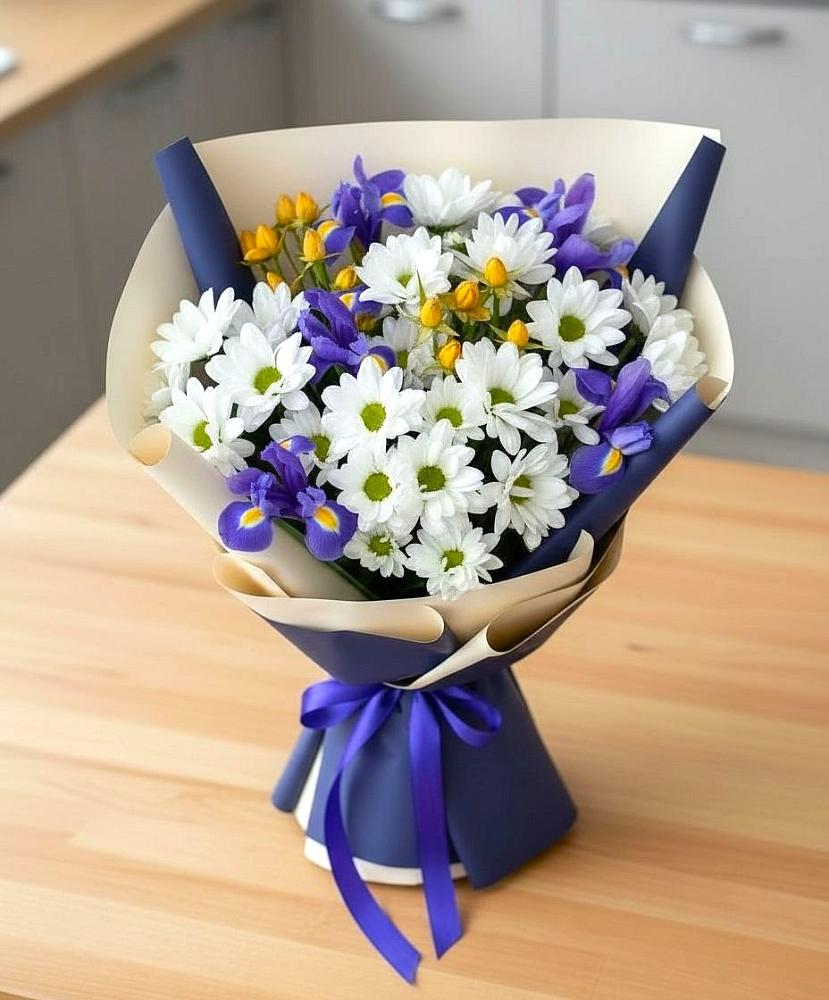 Букет цветов из: Розы, Ирисы и Хризантемы в Булатниково