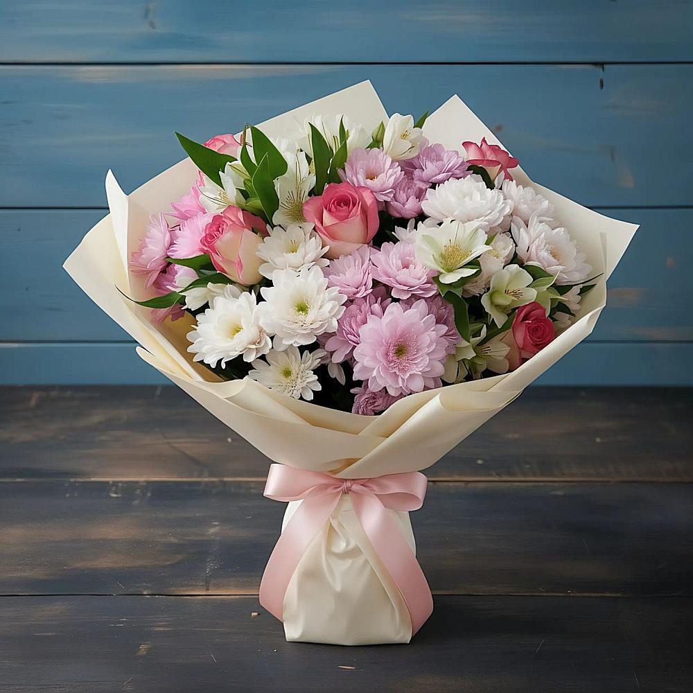 Букет цветов из: Хризантемы, Альстромерии и Розы в Булатниково